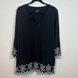 Talbots Black Floral Embroidered 3/4 Sleeve V-Neck Stretch Top Womens Petite 2X